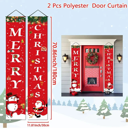 Set of 2 Merry Christmas Hanging Door Banner in red polyester for festive home decoration