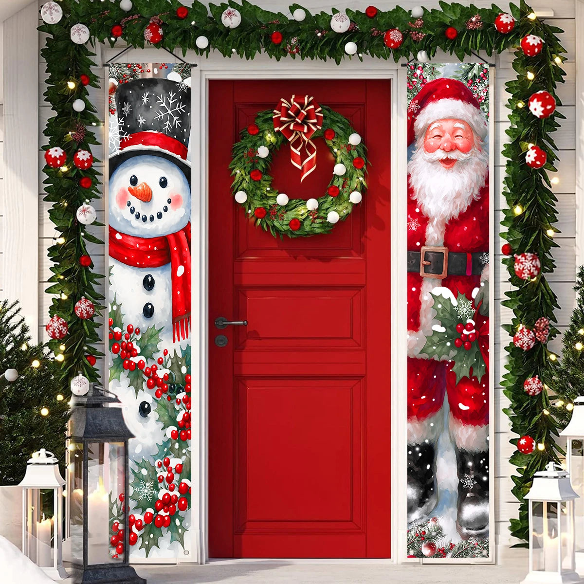 Christmas Hanging Door Banner featuring a snowman and Santa Claus with festive decorations