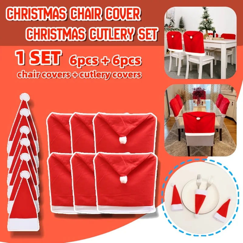 Nutshell Christmas Hat Chair Covers Set of 6 with Matching Cutlery Covers for Festive Table Decor