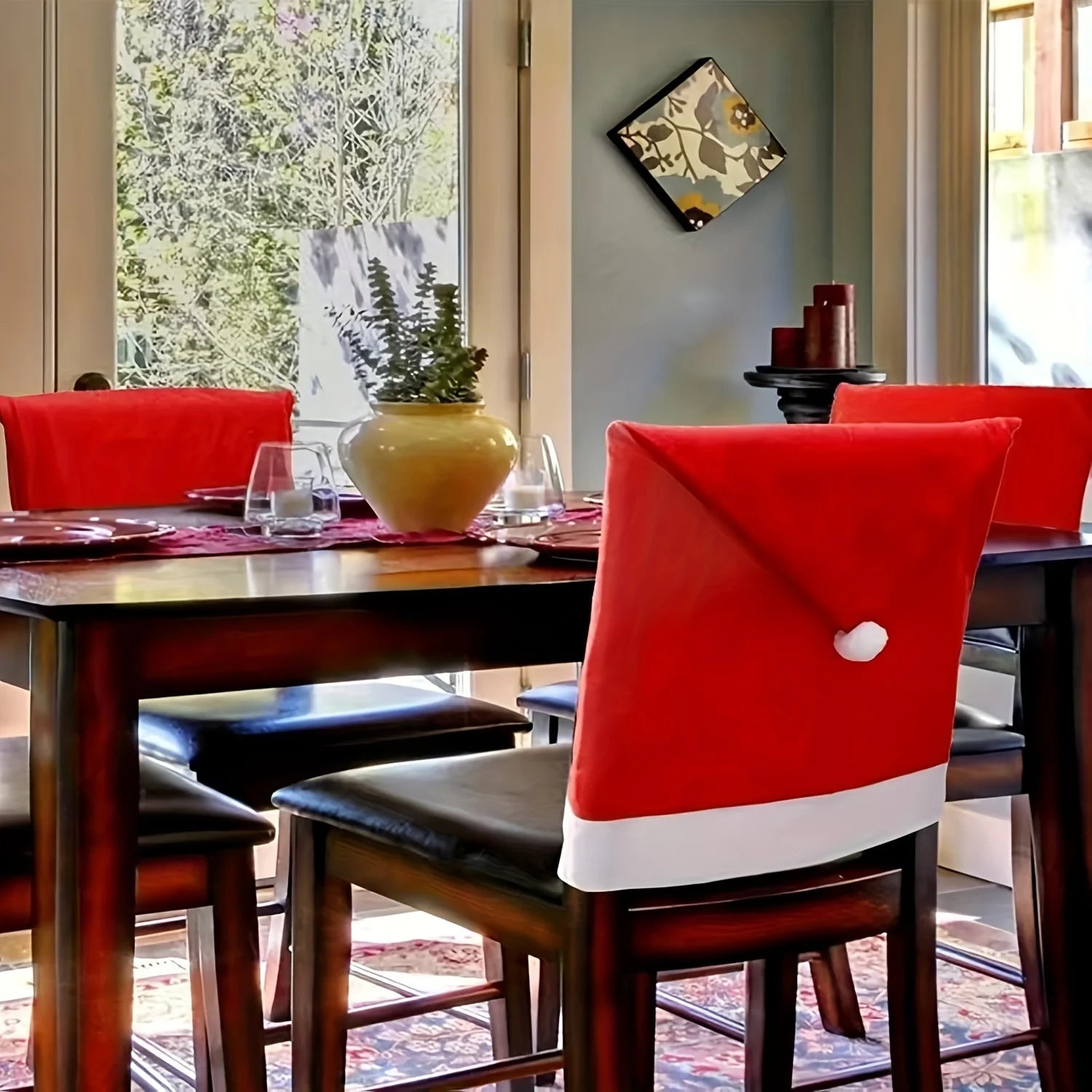 Festive Christmas Hat Chair Covers on Dining Chairs for Holiday Decoration