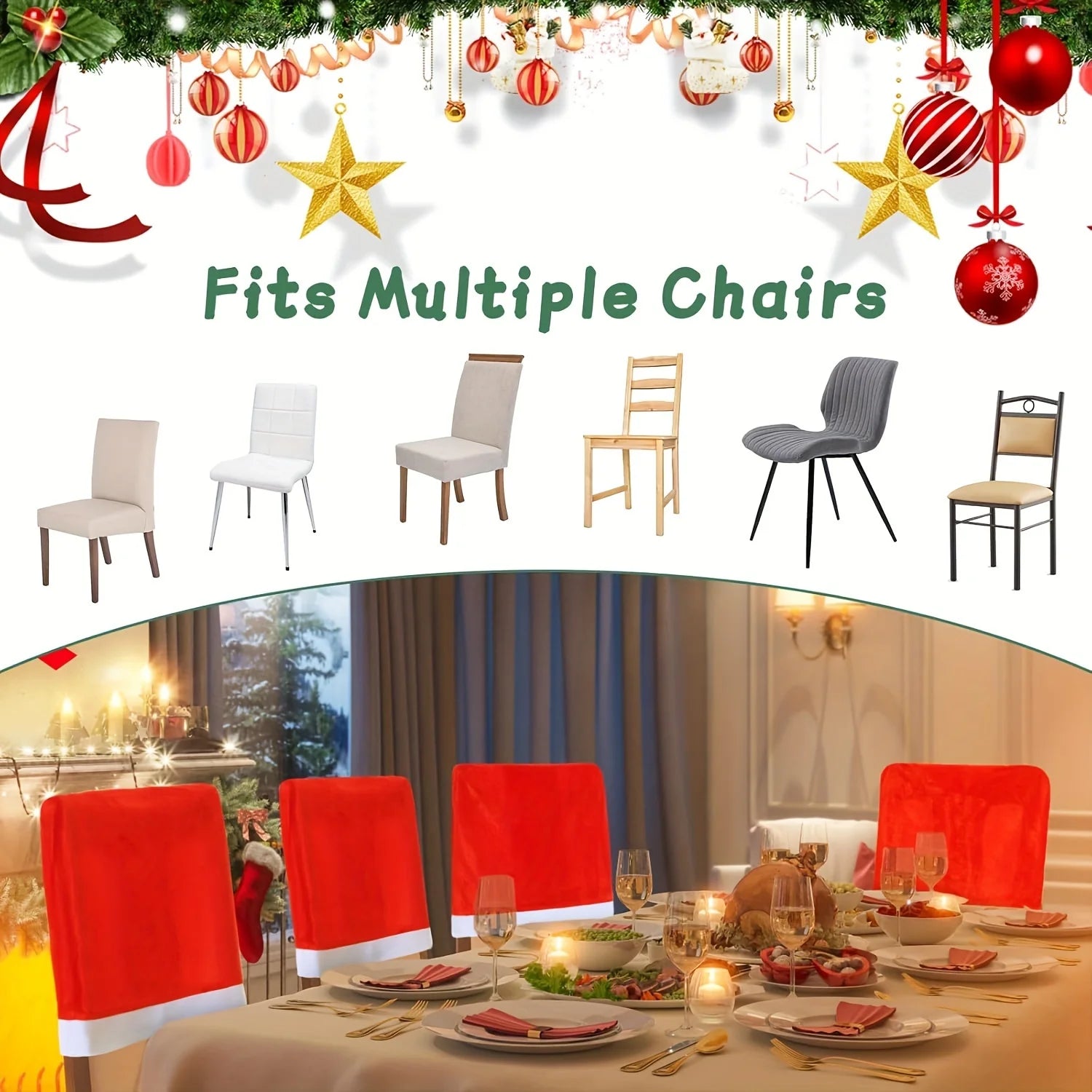 Christmas Hat Chair Covers in red and white design fitting various chair styles for festive decoration