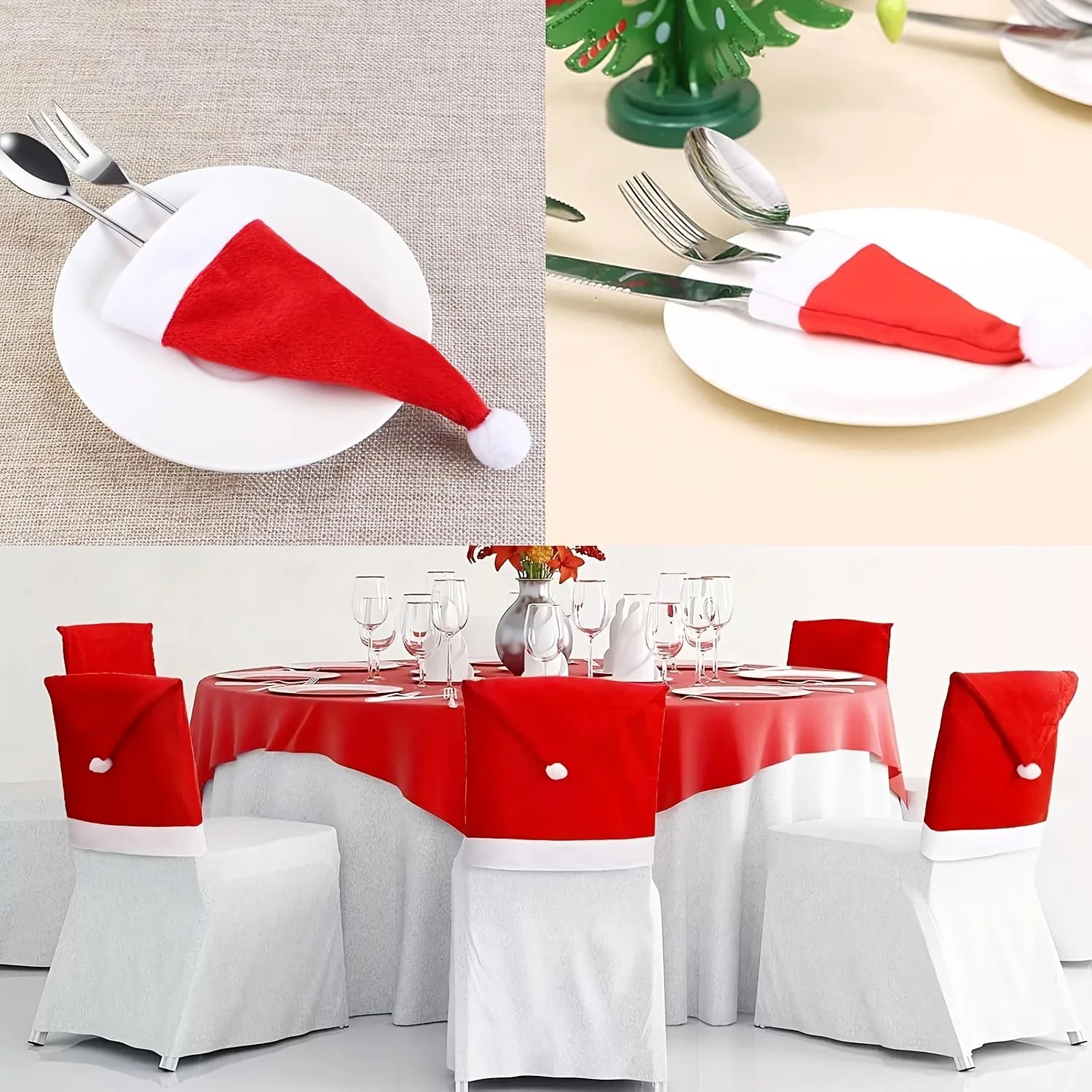 Christmas Hat Chair Covers in red and white for festive holiday table settings