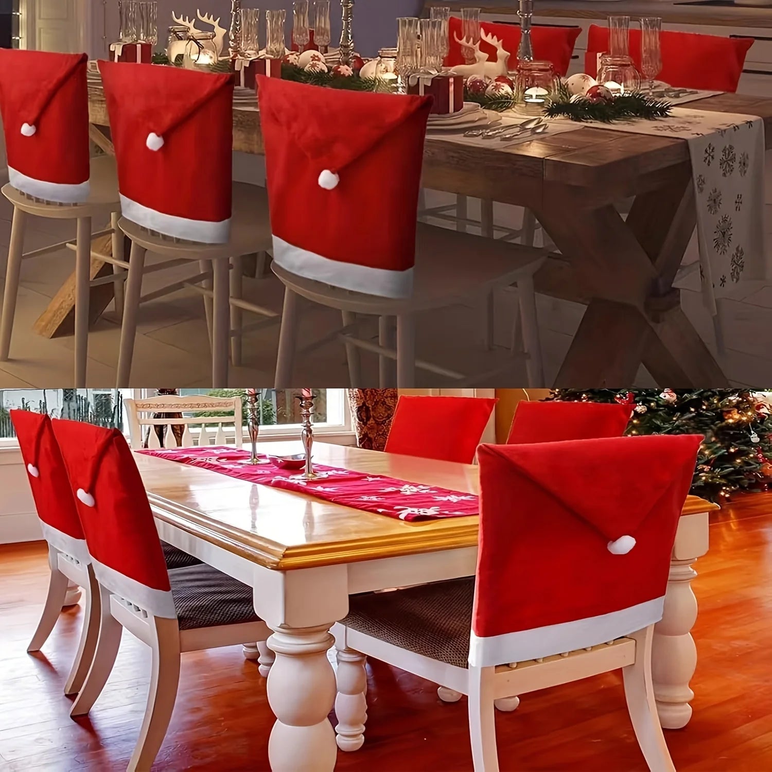 Christmas Hat Chair Covers in red and white adorning dining chairs for festive holiday decorations