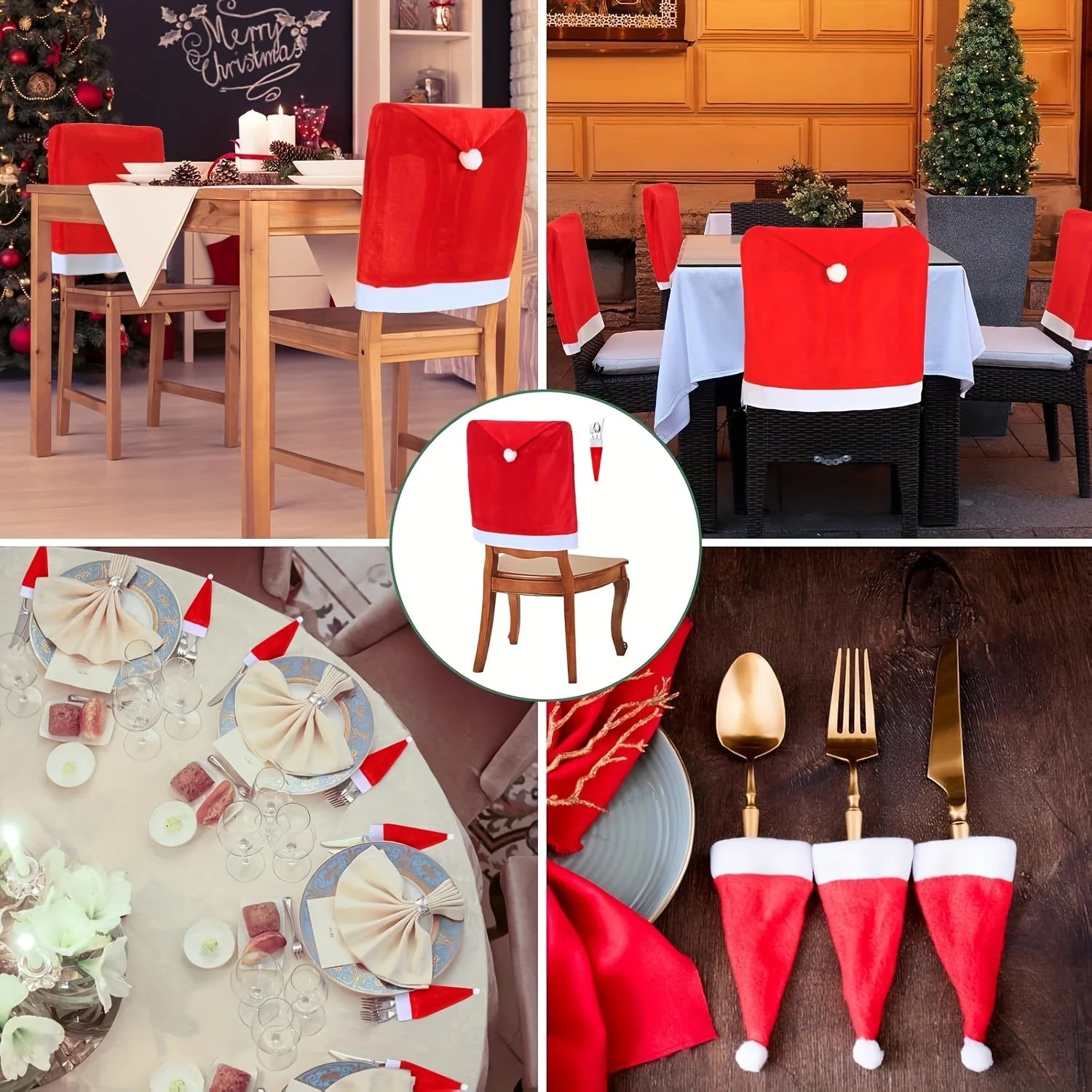 Christmas Hat Chair Covers in red with white trim, perfect for festive dining table decoration