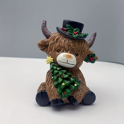 Cute Christmas Highland cow decor with festive hat and tree decorations for holiday celebrations