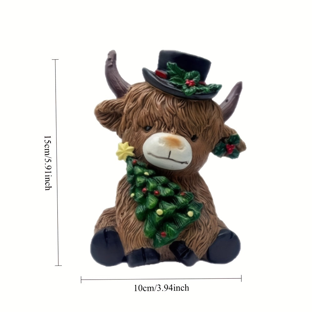 Christmas Highland cow decor figurine wearing a black hat and festive scarf with holly details