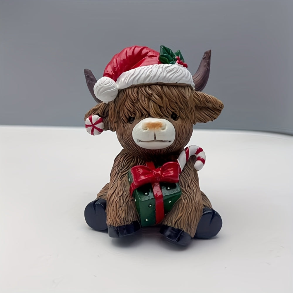 Cute Christmas Highland cow decor wearing a Santa hat and holding a present with candy canes