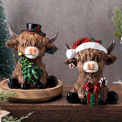 Christmas Highland cow decor figurines with festive accessories for holiday home decoration