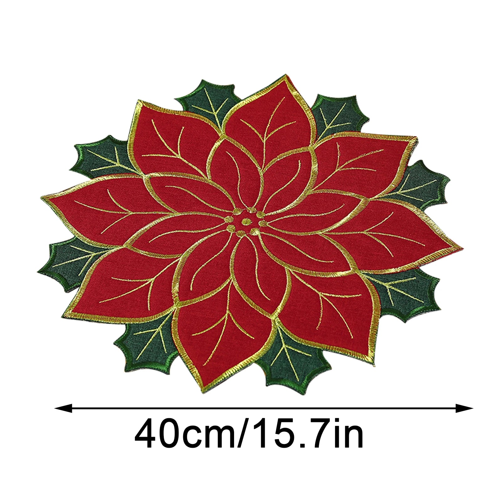 Colorful Christmas holly leaf placemat shaped like a poinsettia, measuring 40cm/15.7in