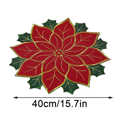 Colorful Christmas holly leaf placemat shaped like a poinsettia, measuring 40cm/15.7in
