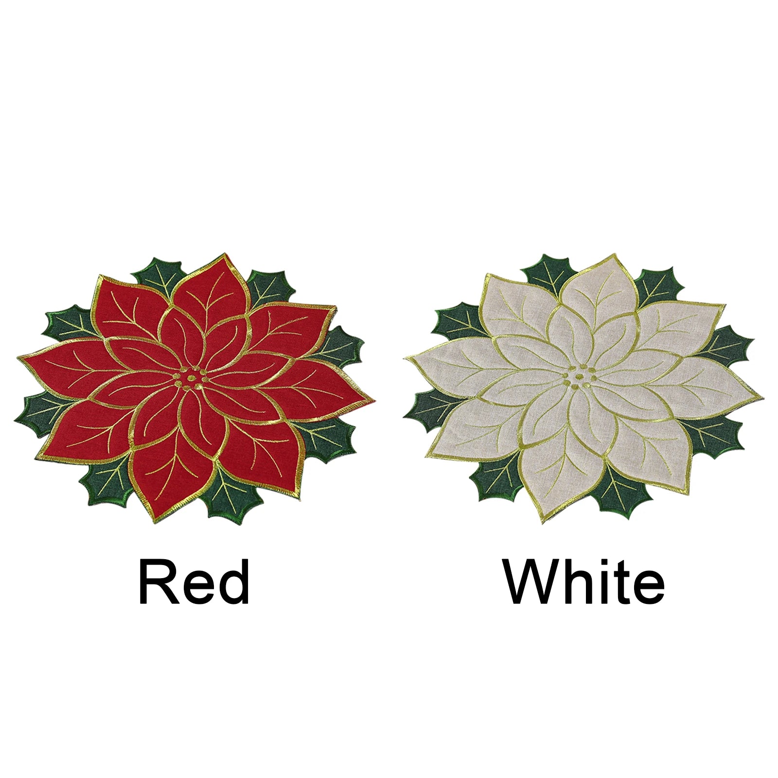 Christmas holly leaf placemat set in red and white with festive poinsettia design