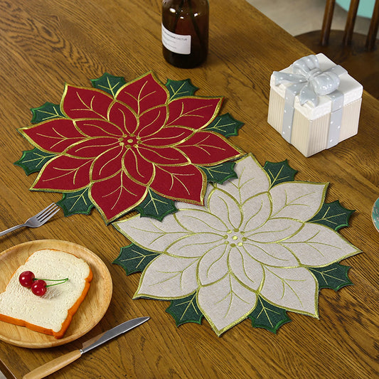 Christmas holly leaf placemat in red and white, perfect for festive dining settings