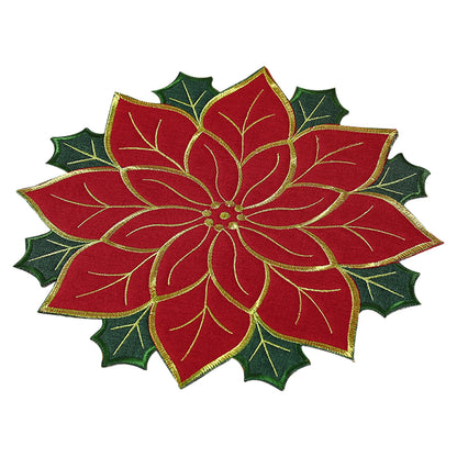 Christmas holly leaf placemat featuring a vibrant red poinsettia design with green leaves
