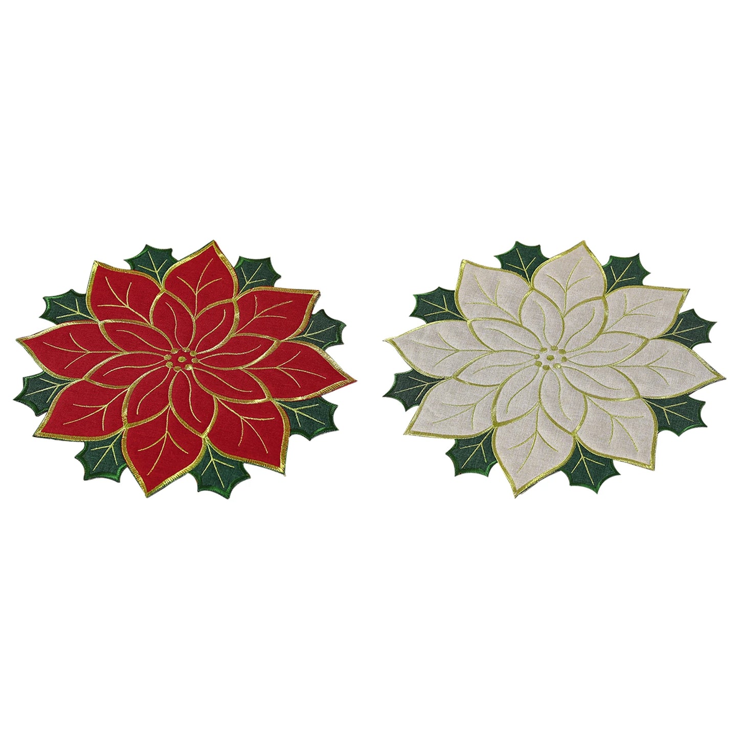 Nutshell Christmas holly leaf placemat set featuring red and white poinsettias with detailed embroidery