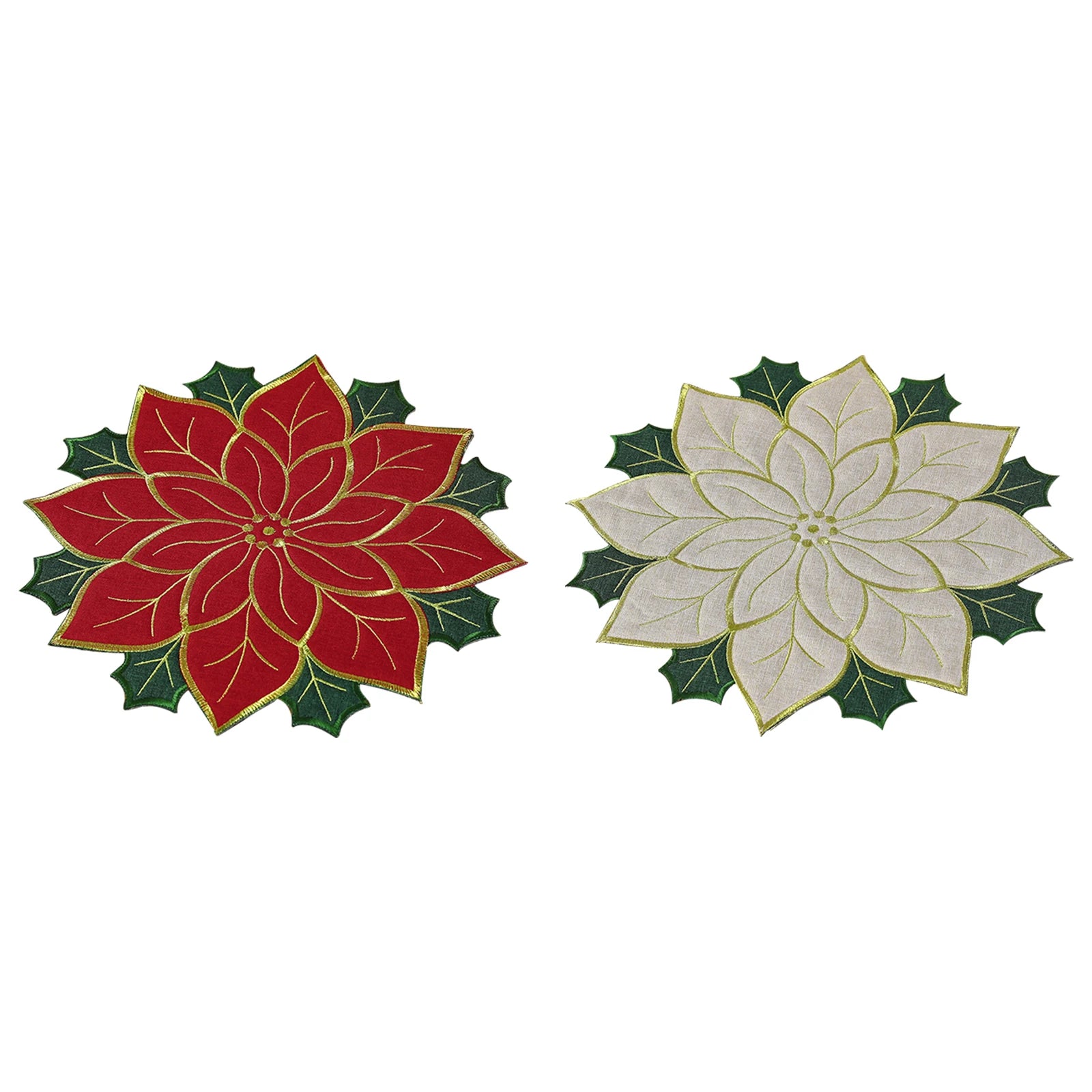 Nutshell Christmas holly leaf placemat set featuring red and white poinsettias with detailed embroidery