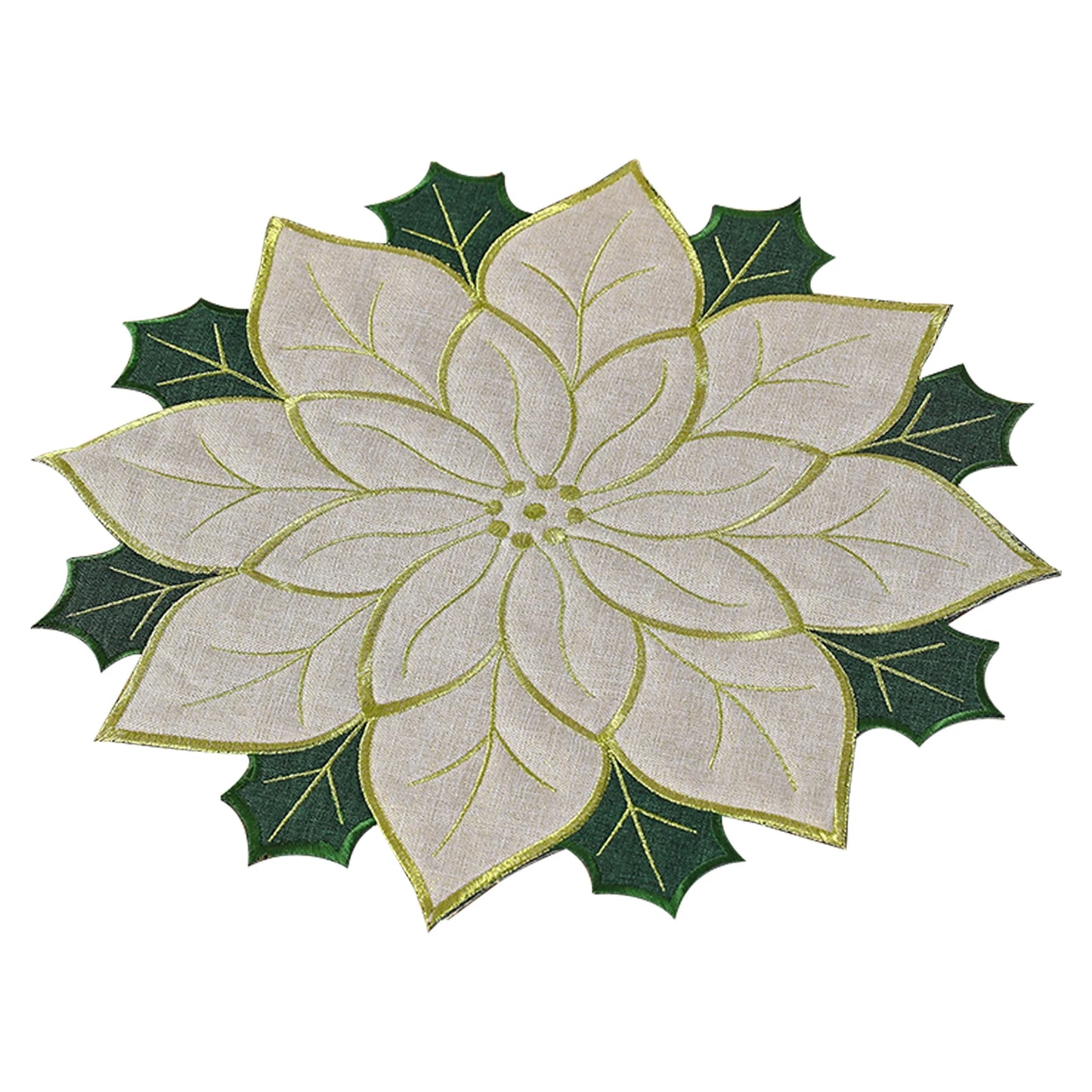 Elegant Christmas holly leaf placemat in white and green, perfect for festive table settings