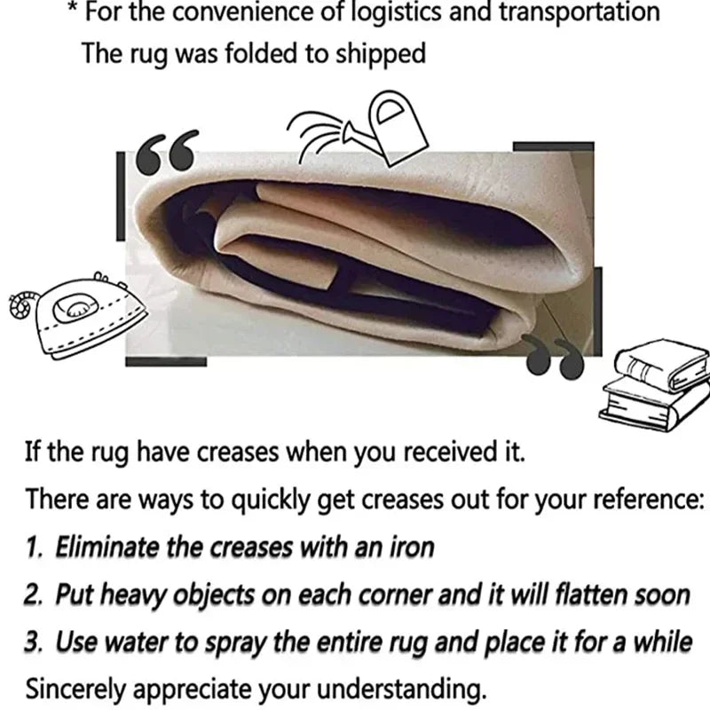 Folded Christmas Kitchen Non-Slip Rugs ready for use with care instructions for removal of creases
