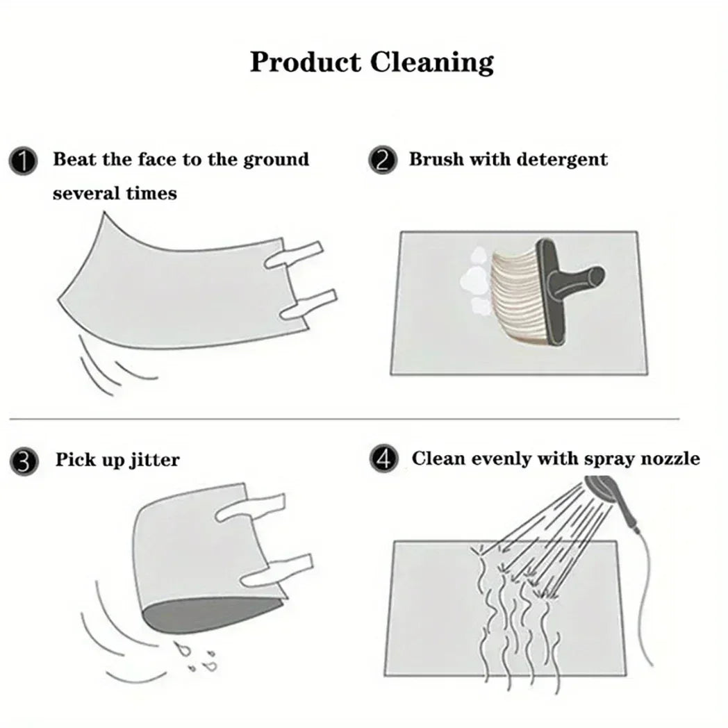 Cleaning instructions for Christmas Kitchen Non-Slip Rugs showing four steps for maintenance