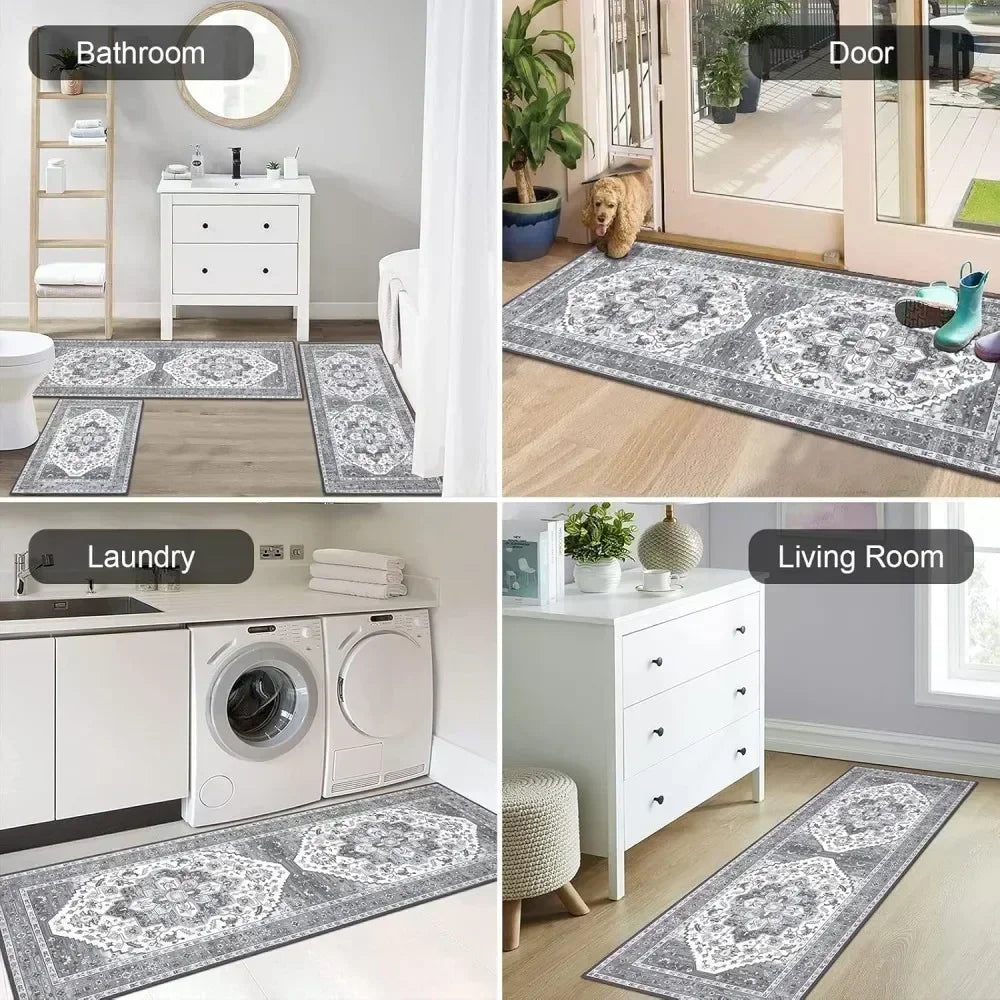 Christmas Kitchen Non-Slip Rugs in various settings including bathroom, laundry, and living room