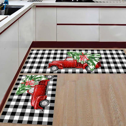 Christmas Kitchen Non-Slip Rugs featuring a festive red truck with Christmas trees on a black and white checkered pattern