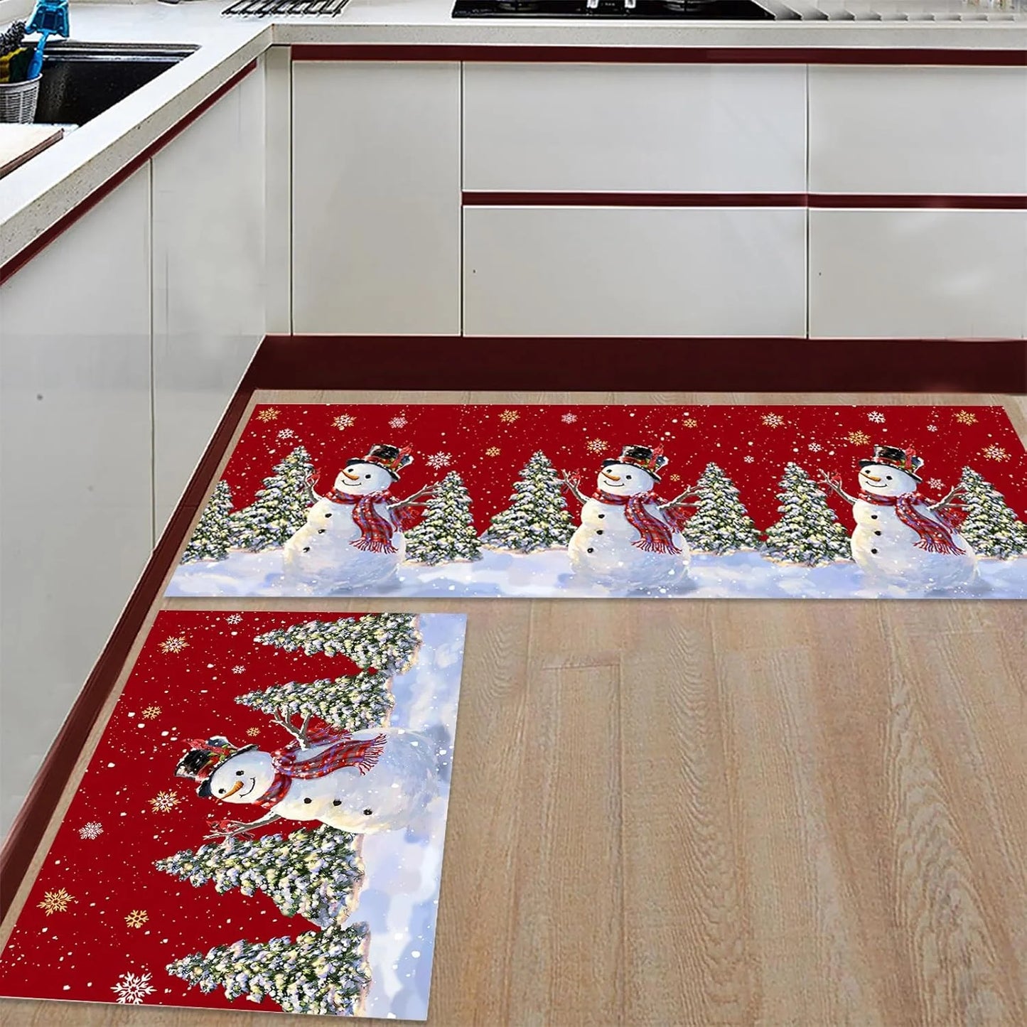 Nutshell Christmas Kitchen Non-Slip Rugs featuring a snowman and festive trees on a red background