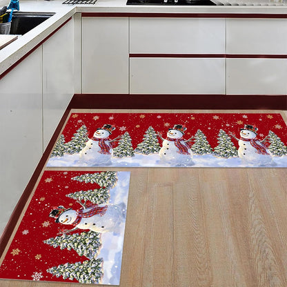 Nutshell Christmas Kitchen Non-Slip Rugs featuring a snowman and festive trees on a red background