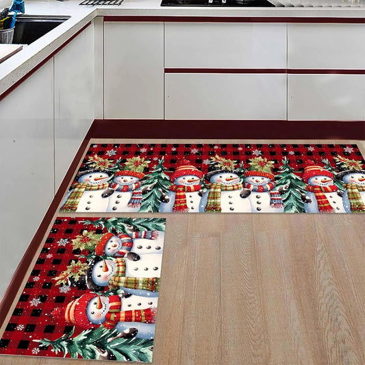 Colorful Christmas Kitchen Non-Slip Rugs featuring snowmen and holiday decorations in a cozy kitchen setting
