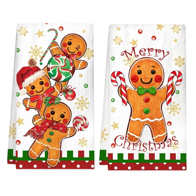 Fun Christmas Kitchen Towels featuring cheerful gingerbread characters and festive designs