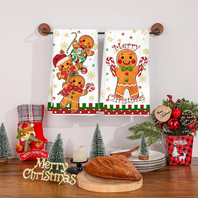Festive Christmas Kitchen Towels featuring cheerful gingerbread men and candy canes for holiday decor
