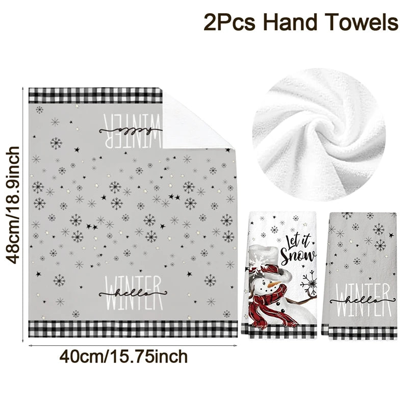 Set of 2 Christmas Kitchen Towels featuring festive snowflakes and snowman designs in gray and white