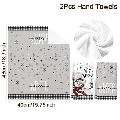 Set of 2 Christmas Kitchen Towels featuring festive snowflakes and snowman designs in gray and white