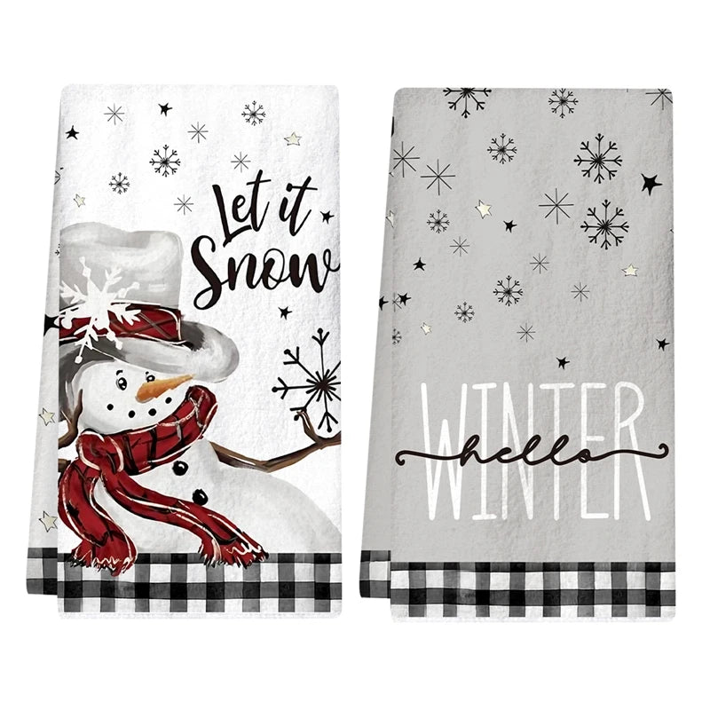 Nutshell Christmas Kitchen Towels featuring snowman design and winter motifs in seasonal colors