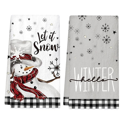Nutshell Christmas Kitchen Towels featuring snowman design and winter motifs in seasonal colors