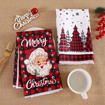 Christmas Kitchen Towels featuring Santa Claus and festive trees in red and black patterns