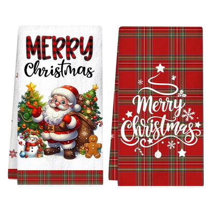 Set of Christmas Kitchen Towels featuring Santa Claus and festive designs in vibrant colors