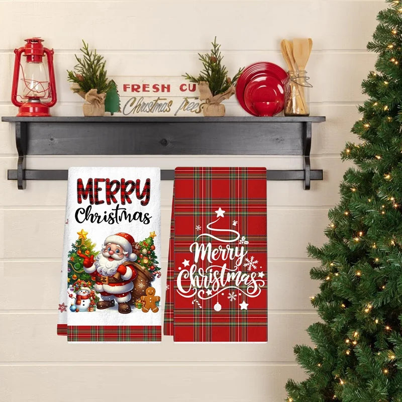 Festive Christmas Kitchen Towels featuring Santa and plaid designs for holiday decorating