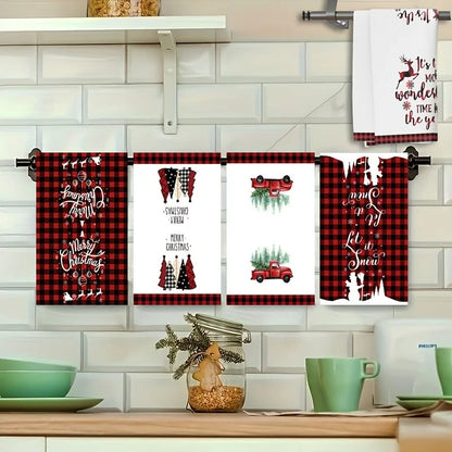 Christmas kitchen towels set featuring festive designs and red and black plaid patterns
