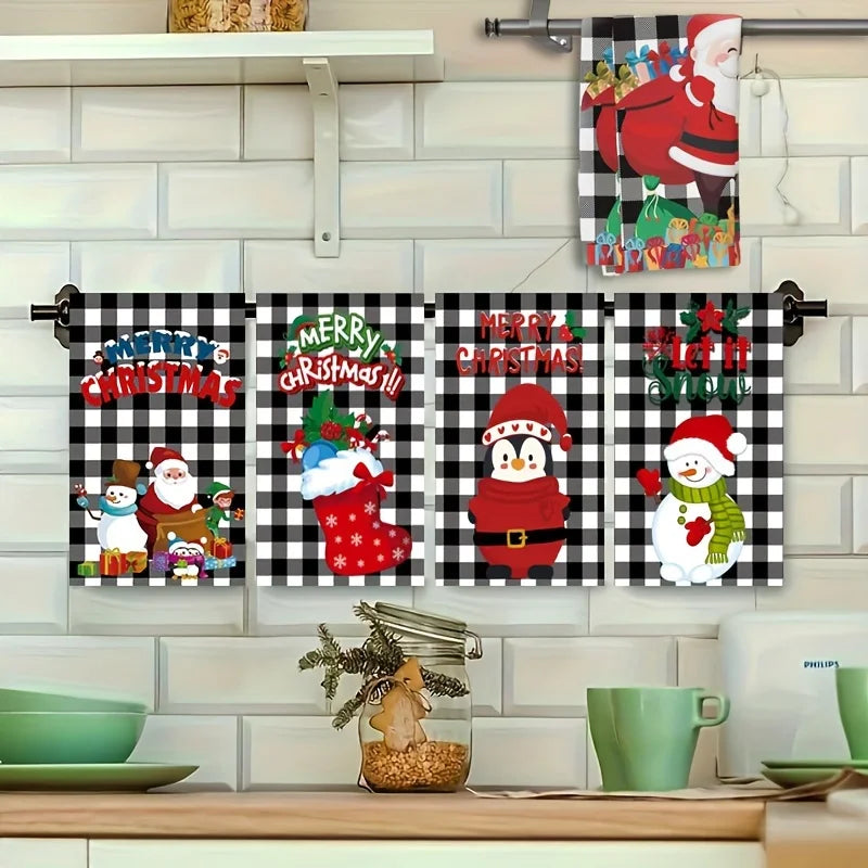 Christmas kitchen towels set featuring festive designs of Santa, snowmen, and holiday greetings
