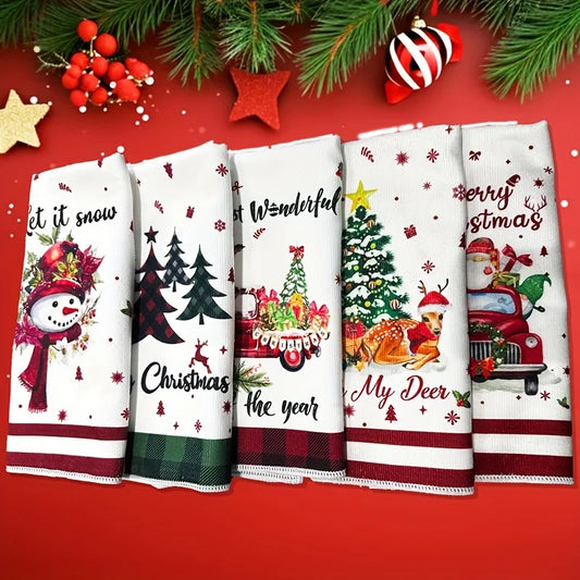 Christmas kitchen towels set featuring festive designs of snowmen, trees, and holiday greetings