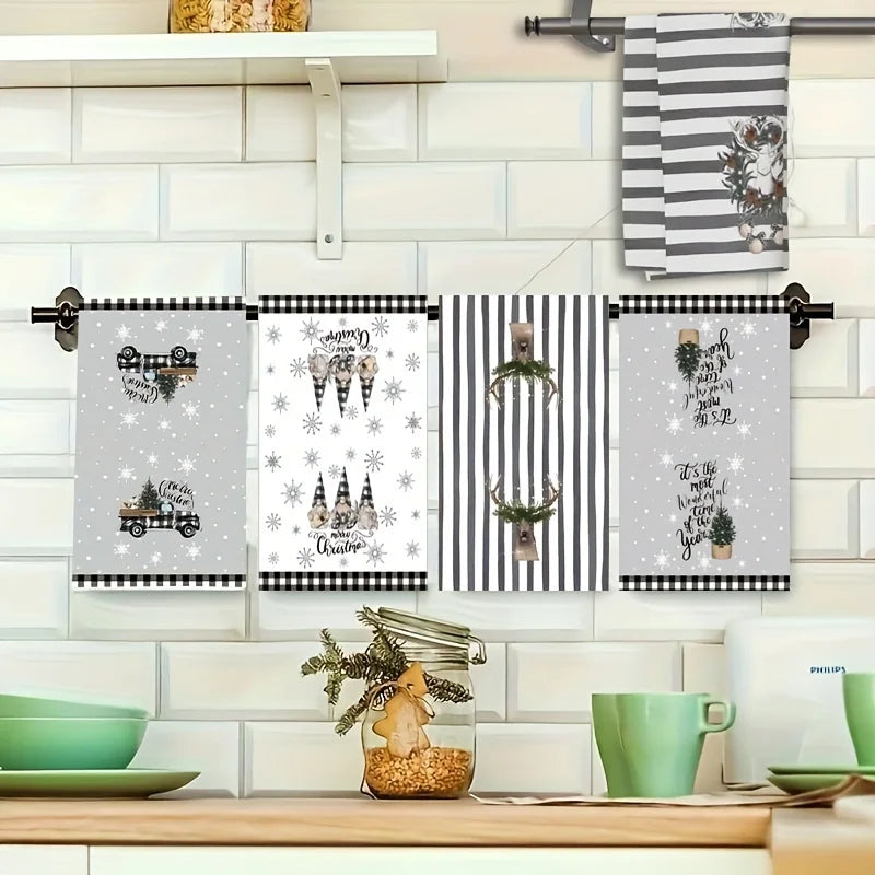 Christmas kitchen towels set with festive designs and patterns for holiday decorating