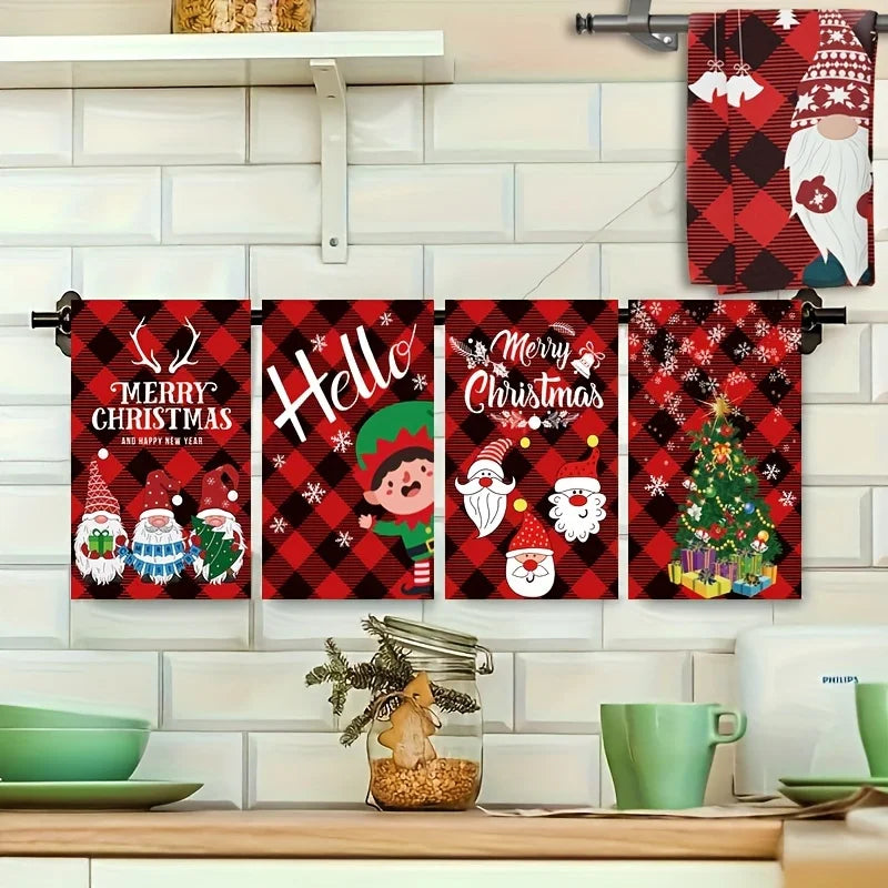 Christmas kitchen towels set featuring festive designs with Santa, elf, and holiday greetings
