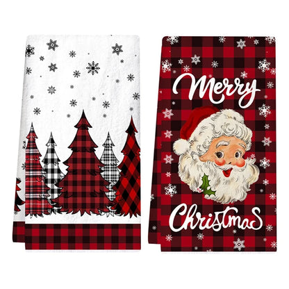 Christmas Kitchen Towels featuring Santa and plaid trees for festive holiday decor