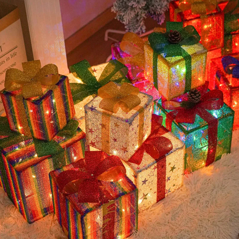 Colorful Christmas light up gift boxes with vibrant ribbons and sparkling lights for festive decor