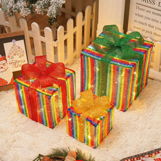 Colorful Christmas light up gift boxes with bows, perfect for holiday decorations and festive displays