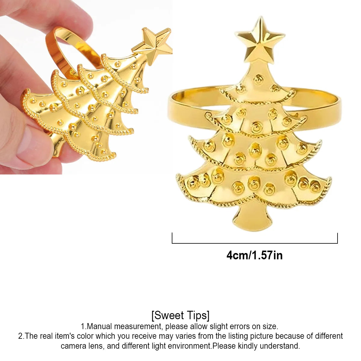 Gold Christmas napkin ring set featuring a decorative tree design with a star for festive table settings
