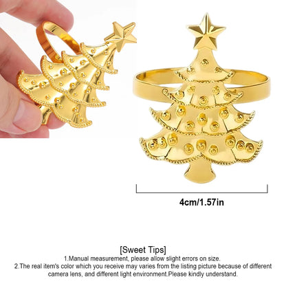 Gold Christmas napkin ring set featuring a decorative tree design with a star for festive table settings