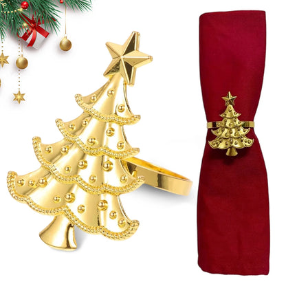 Gold Christmas napkin ring set featuring a festive Christmas tree design with star accents