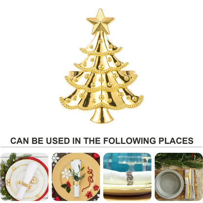 Gold Christmas napkin ring set shaped like a Christmas tree for festive table settings