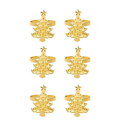 Christmas napkin ring set featuring six gold Christmas tree designs for festive table settings
