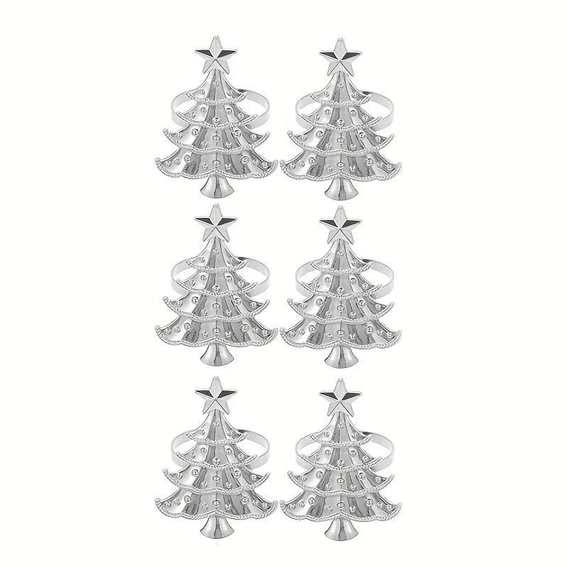 Nutshell Christmas napkin ring set featuring six silver tree designs with star accents for holiday table decor